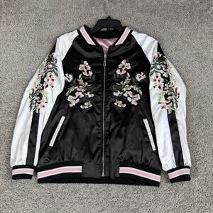 ZAFSIBLINGS Jacket Womens Small Black Pink Reversible Satin Bomber Floral